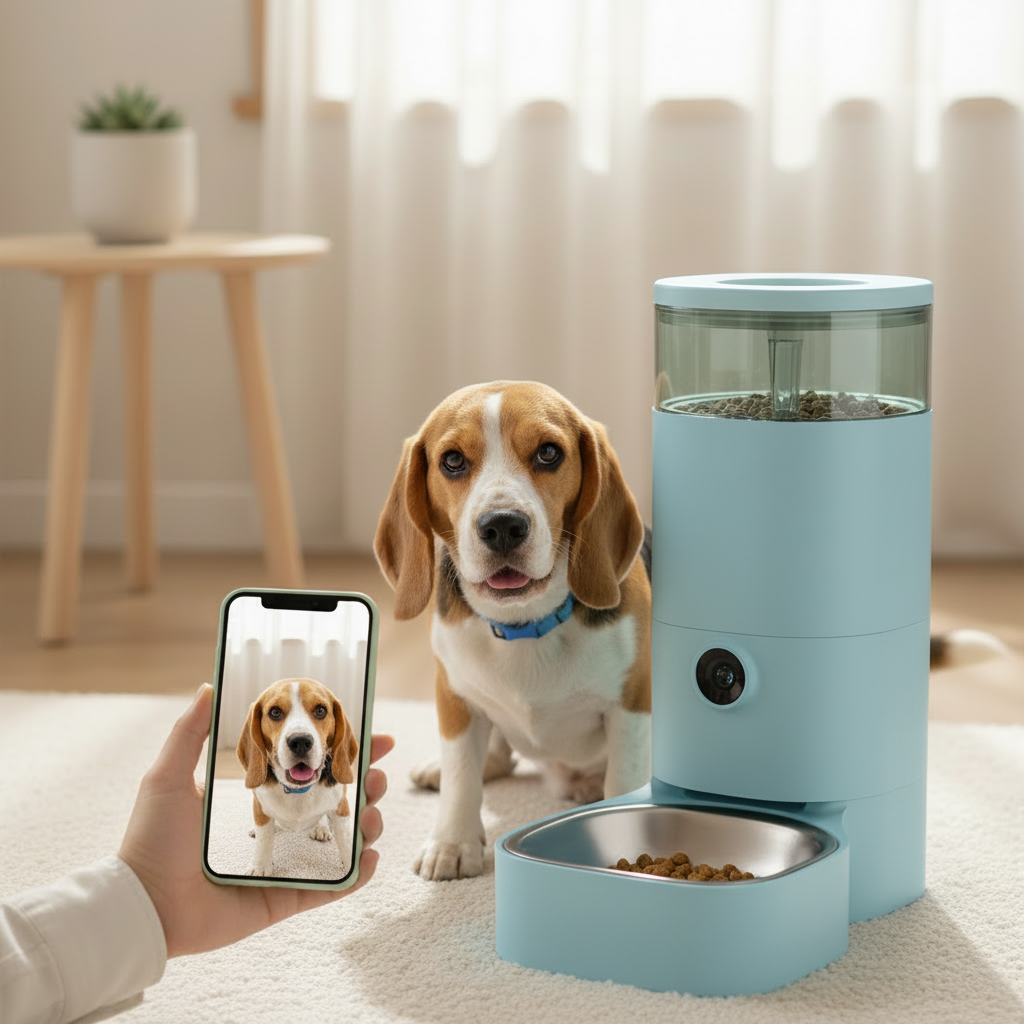 Automatic dog feeder with white design