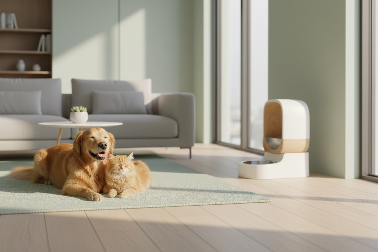 Premium pet care hero with automated feeder