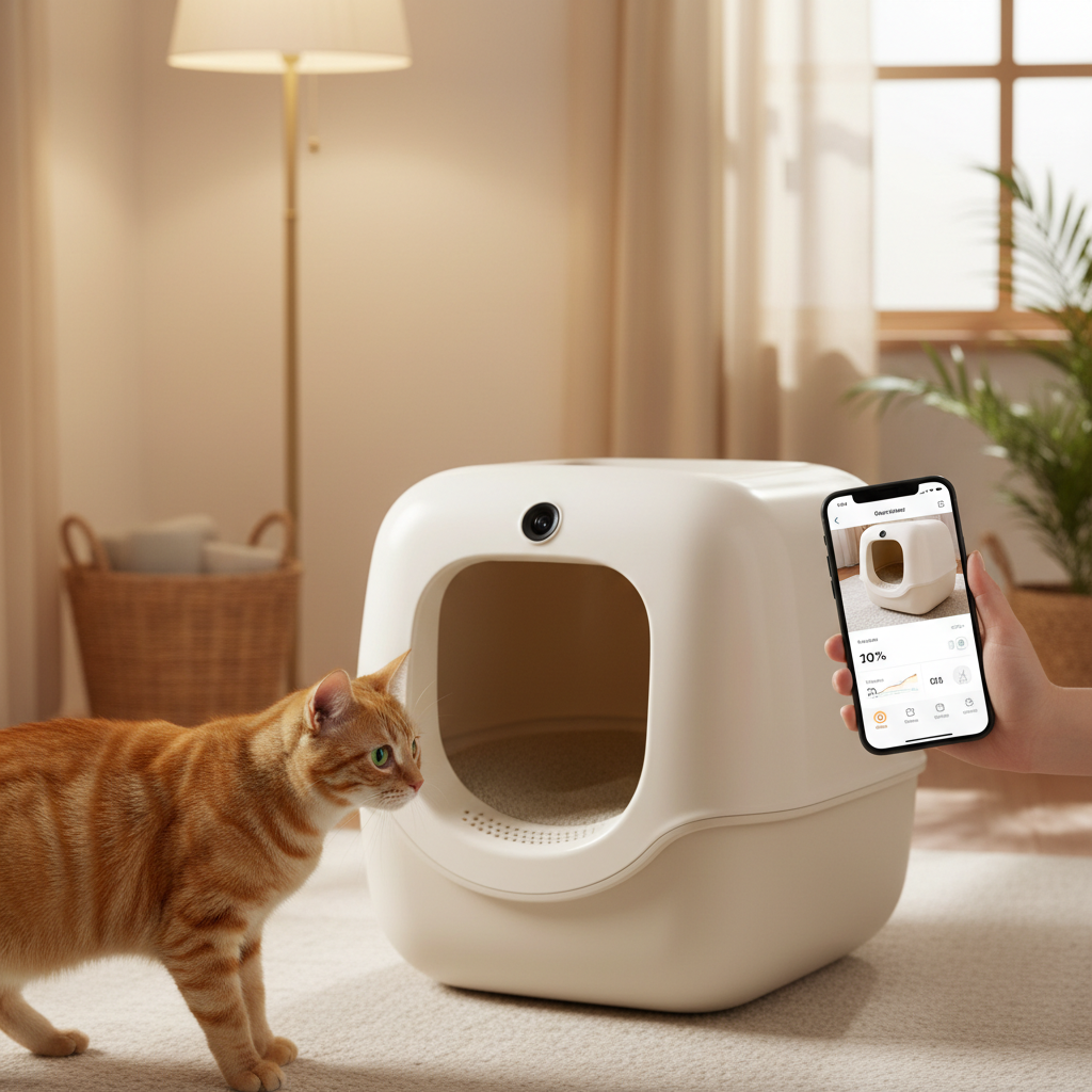 Self-cleaning cat litter box with camera
